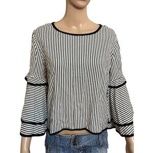 True Destiny Black White Stripe Flare Sleeves Rayon Blouse Size Medium
